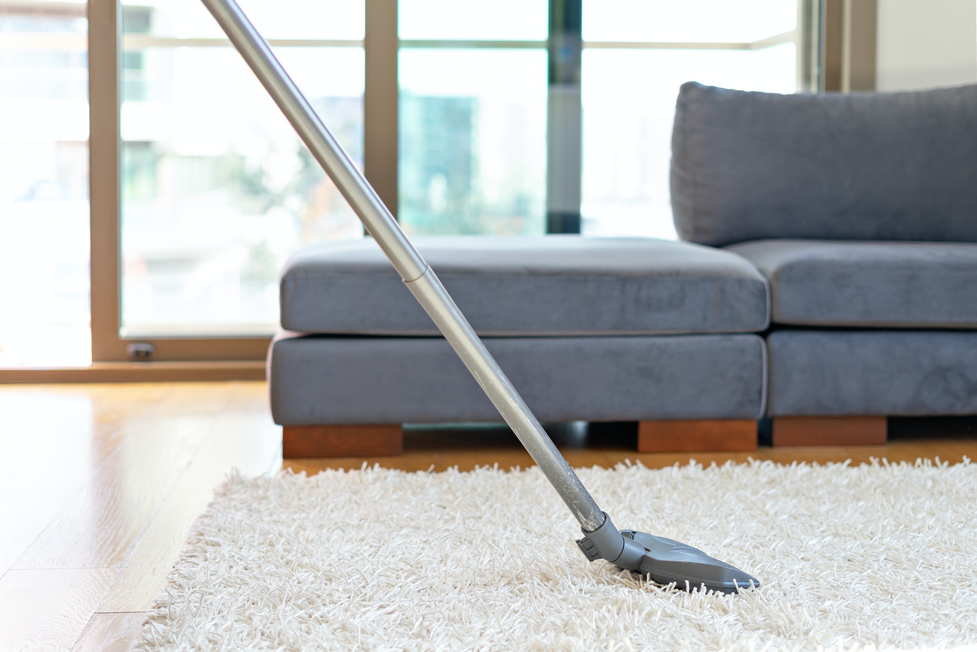 Cleaning floor and carpet with vacuum cleaner.